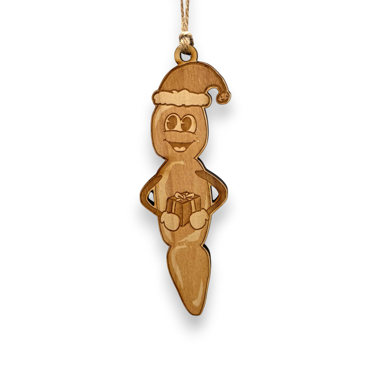Ornament Howdy Ho Raw Wood 2x5in maple closeup