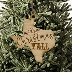 Ornament Merry Christmas Y'all raw wood 3x3in back view