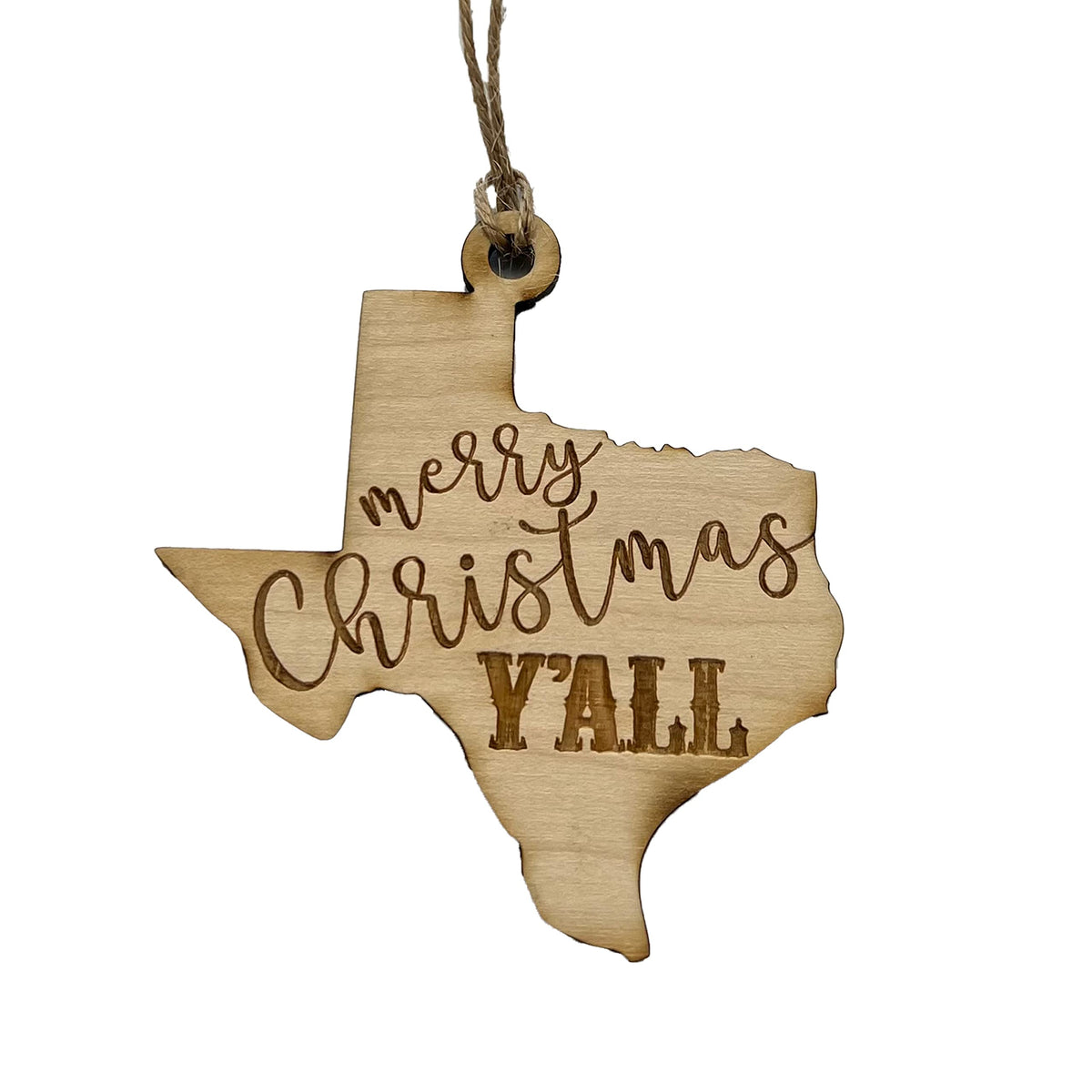 Ornament Merry Christmas Y'all raw wood 3x3in front view