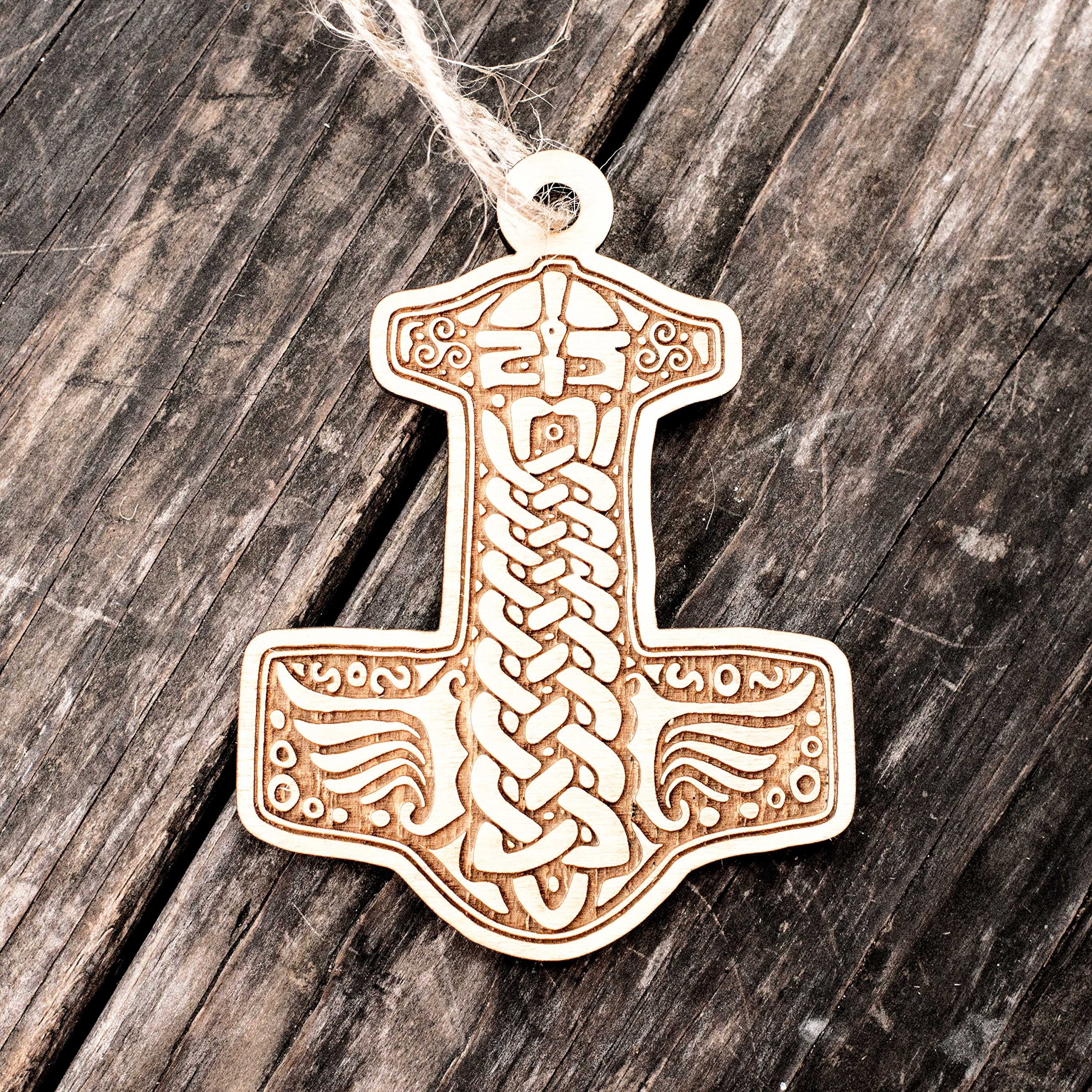 Maple wood ornament Mjölnir 3x4in side view