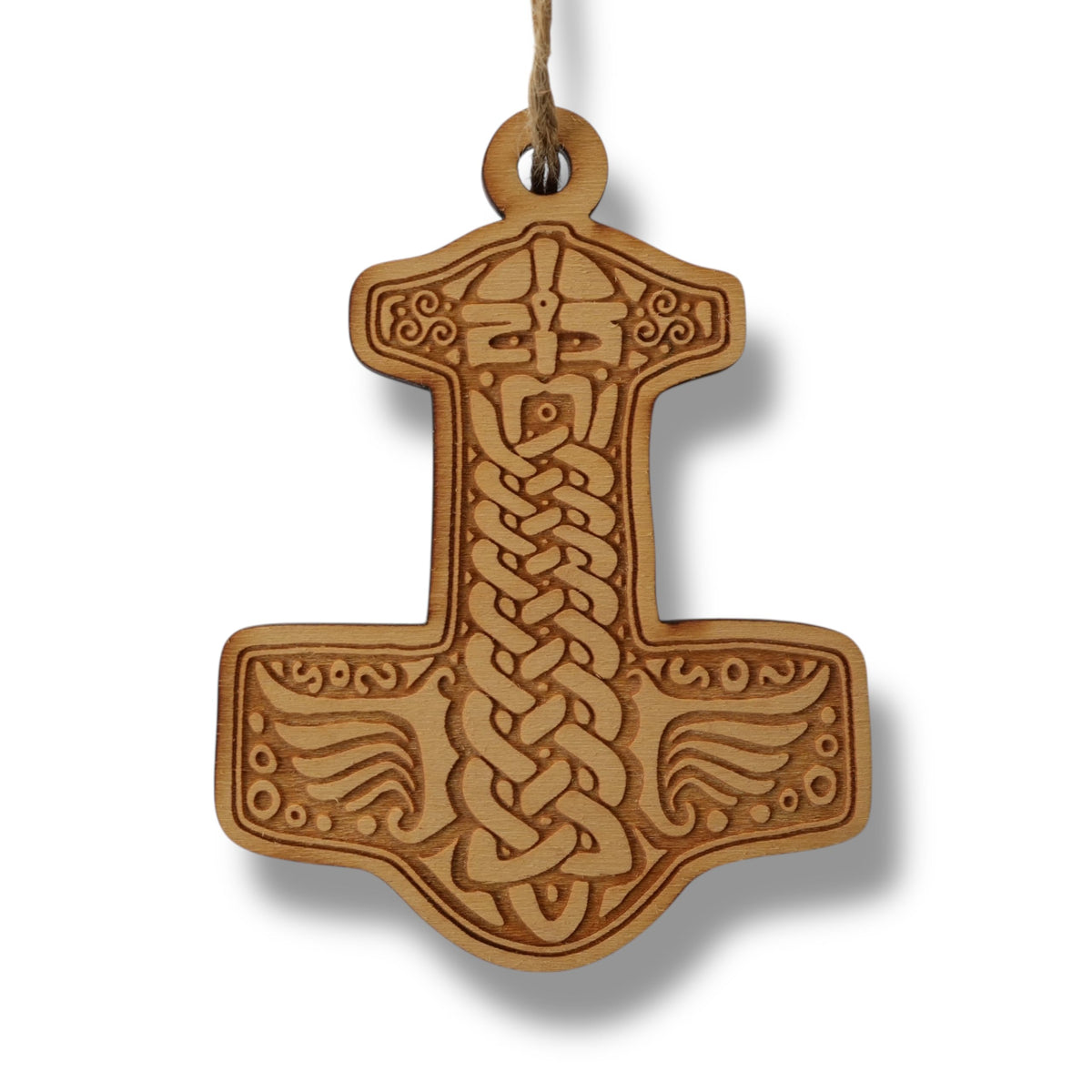 Ornament Mjölnir raw wood 3x4in close up showing maple grain