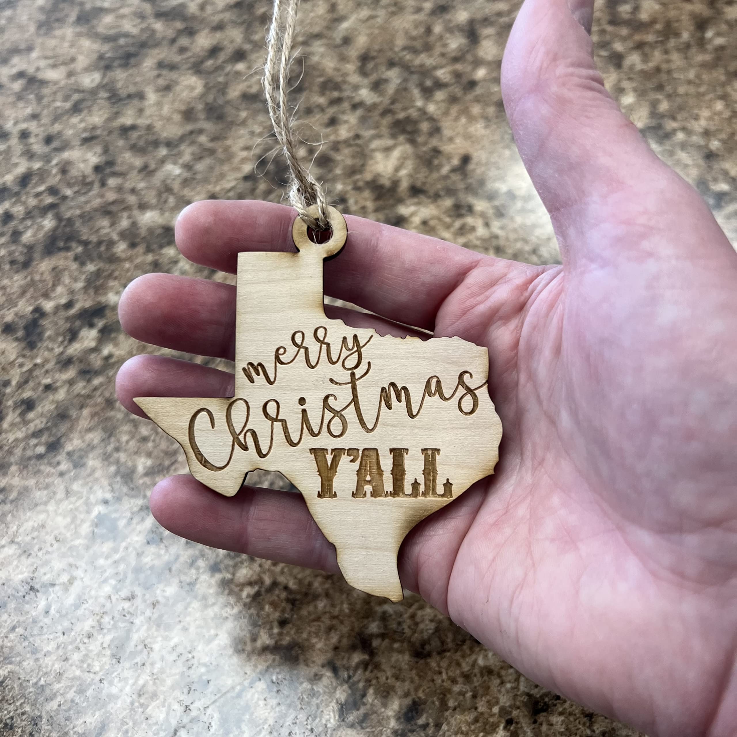 Maple ornament Merry Christmas Y'all raw wood 3x3in detail