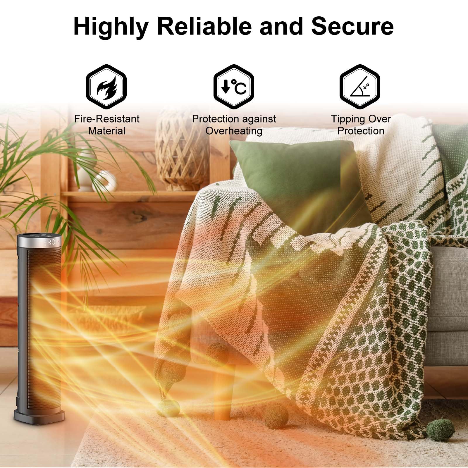 70-degree oscillating tower heater with 1500W PTC ceramic heating