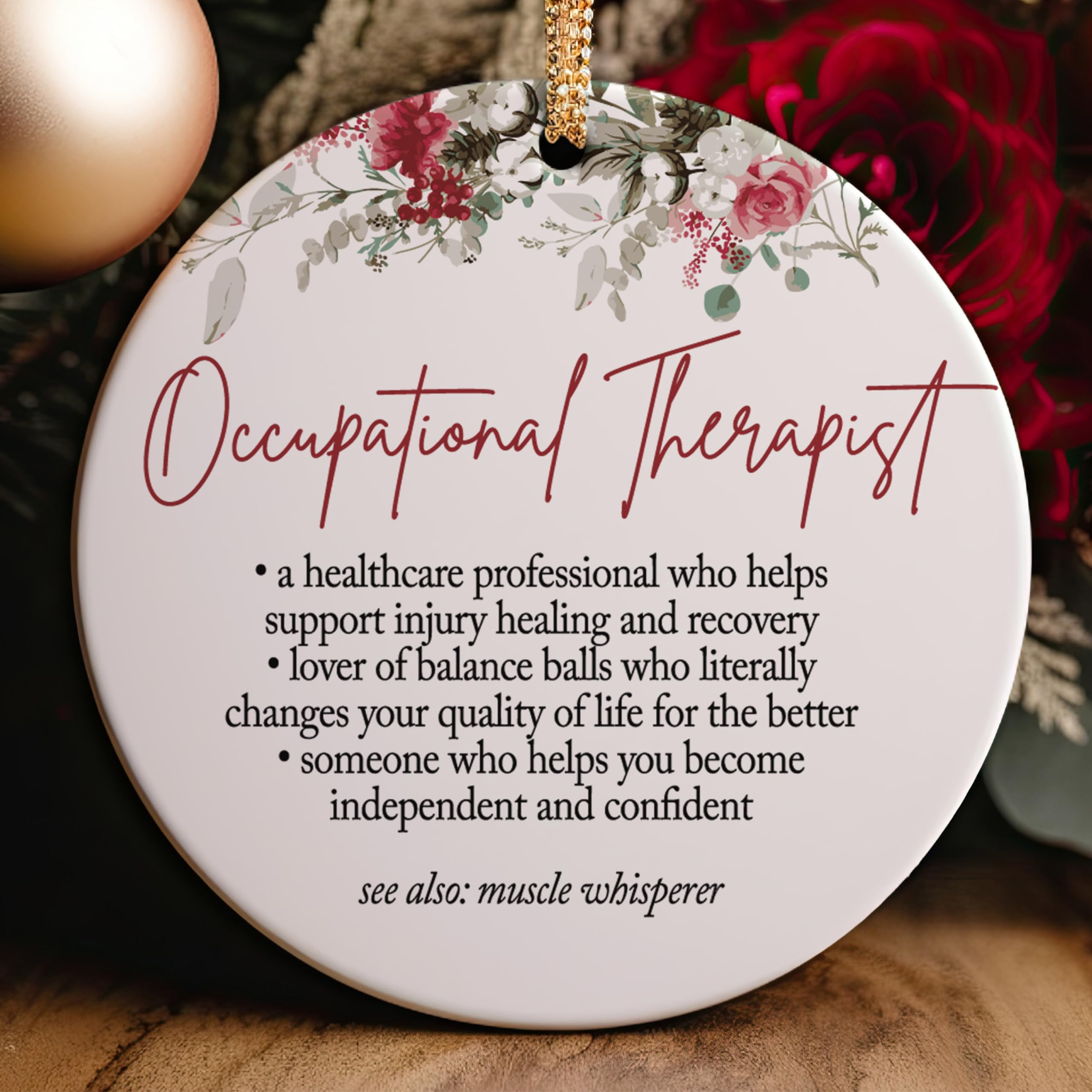OT coworker gift ornament with red and gold ribbons