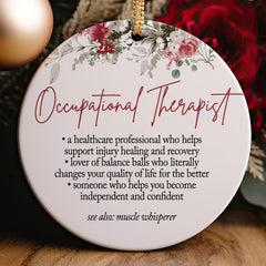 OT coworker gift ornament with red and gold ribbons