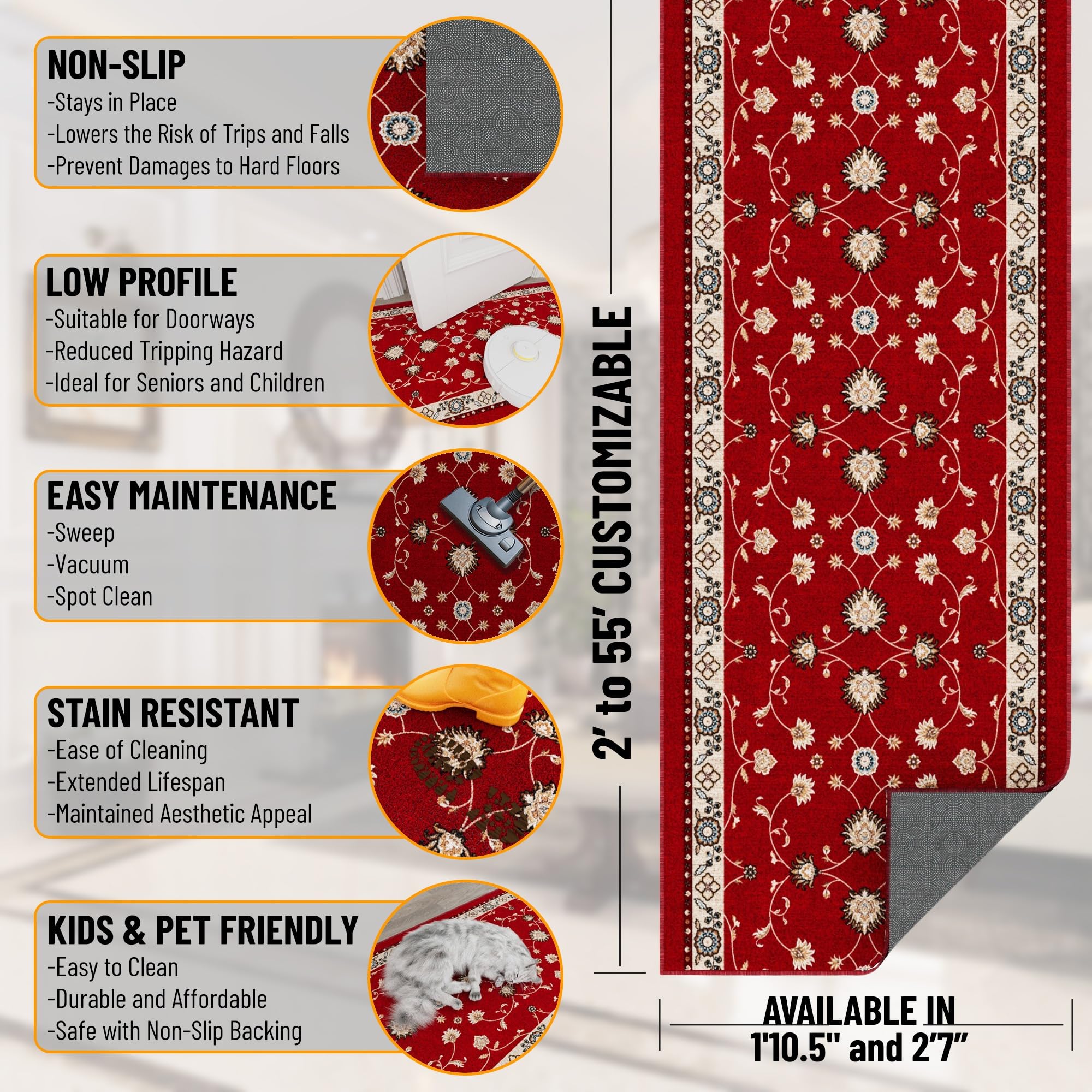 Ottomanson Indoor Rug Mahal Red low pile with secure backing
