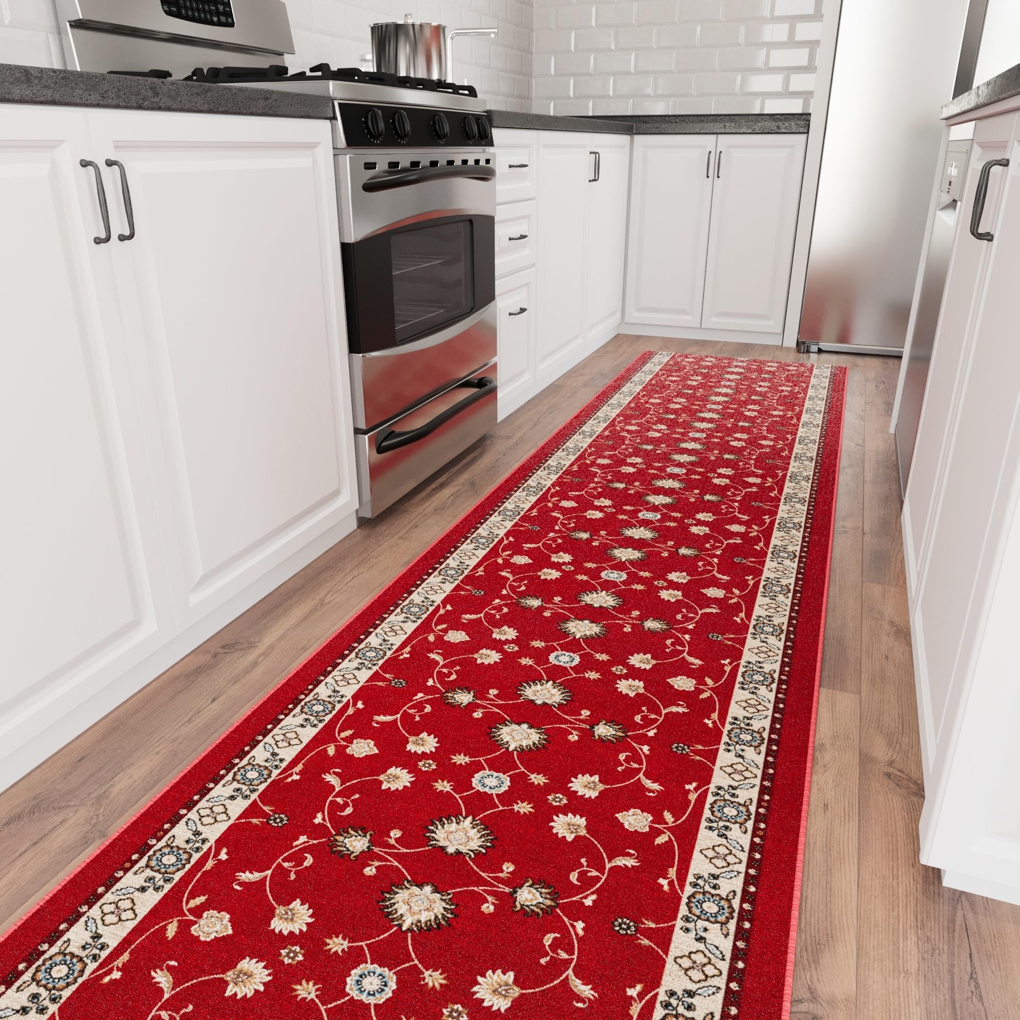 Non-slip backing Ottomanson Mahal Red rug on hard floors