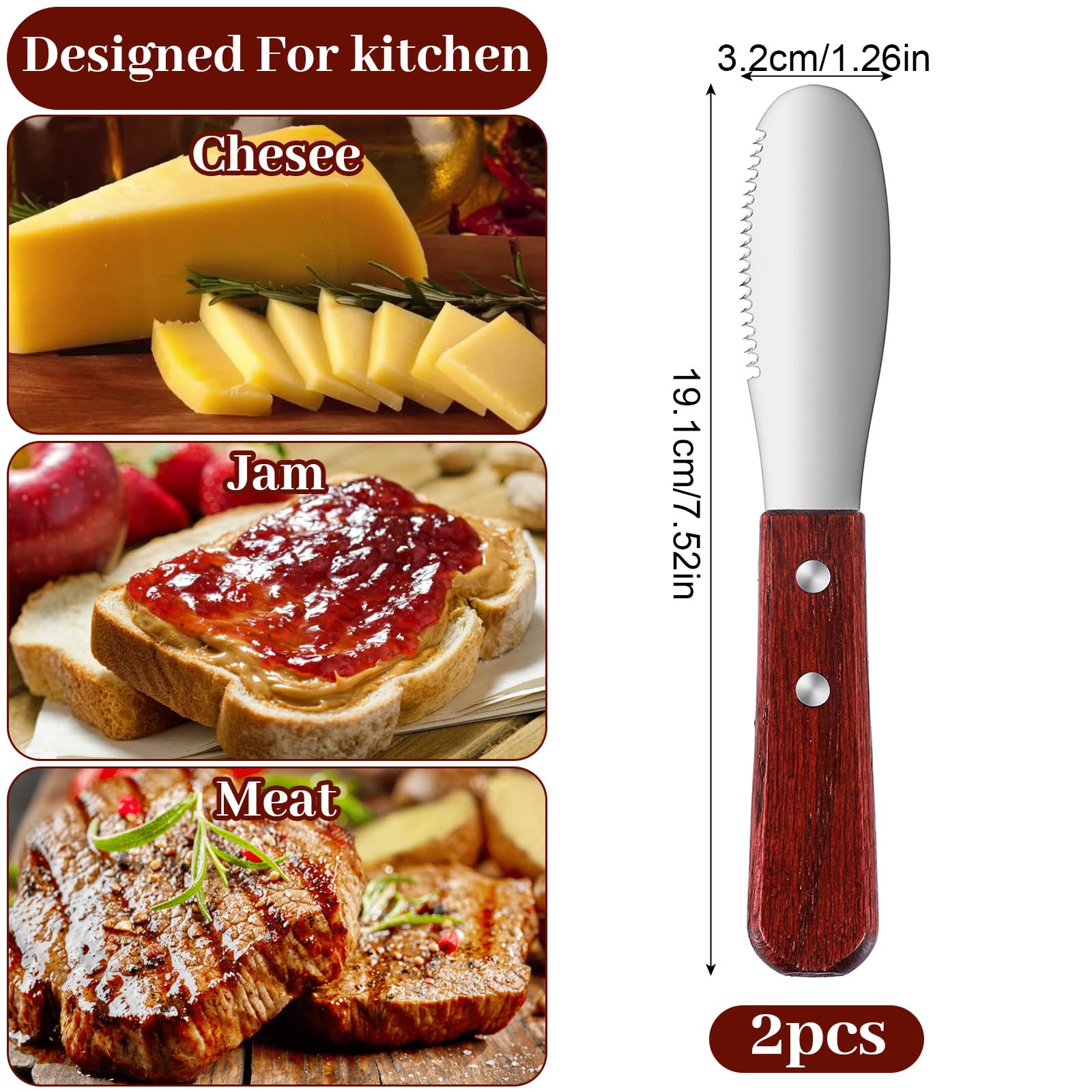 Ouligay Cheese Spreader Knife stainless steel blade wood handle