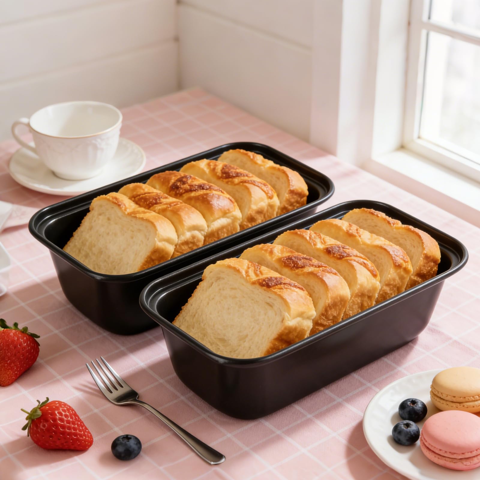 Stackable loaf pans with brushed finish for easy handling