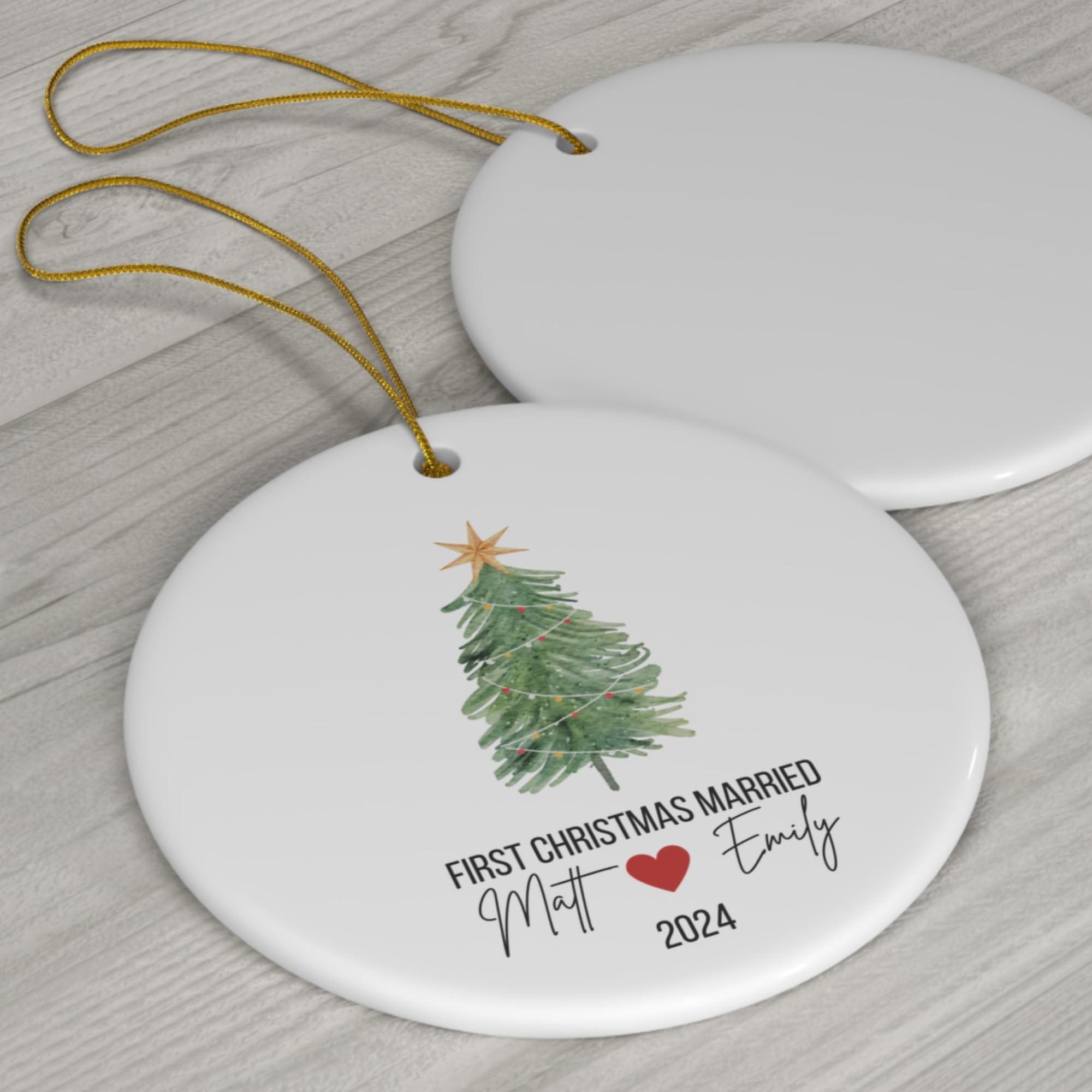 Our First Christmas Ornament decorative keepsake for newlyweds available in heart star snowflake or round shapes