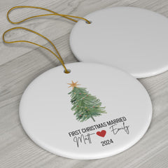 Our First Christmas Ornament decorative keepsake for newlyweds available in heart star snowflake or round shapes
