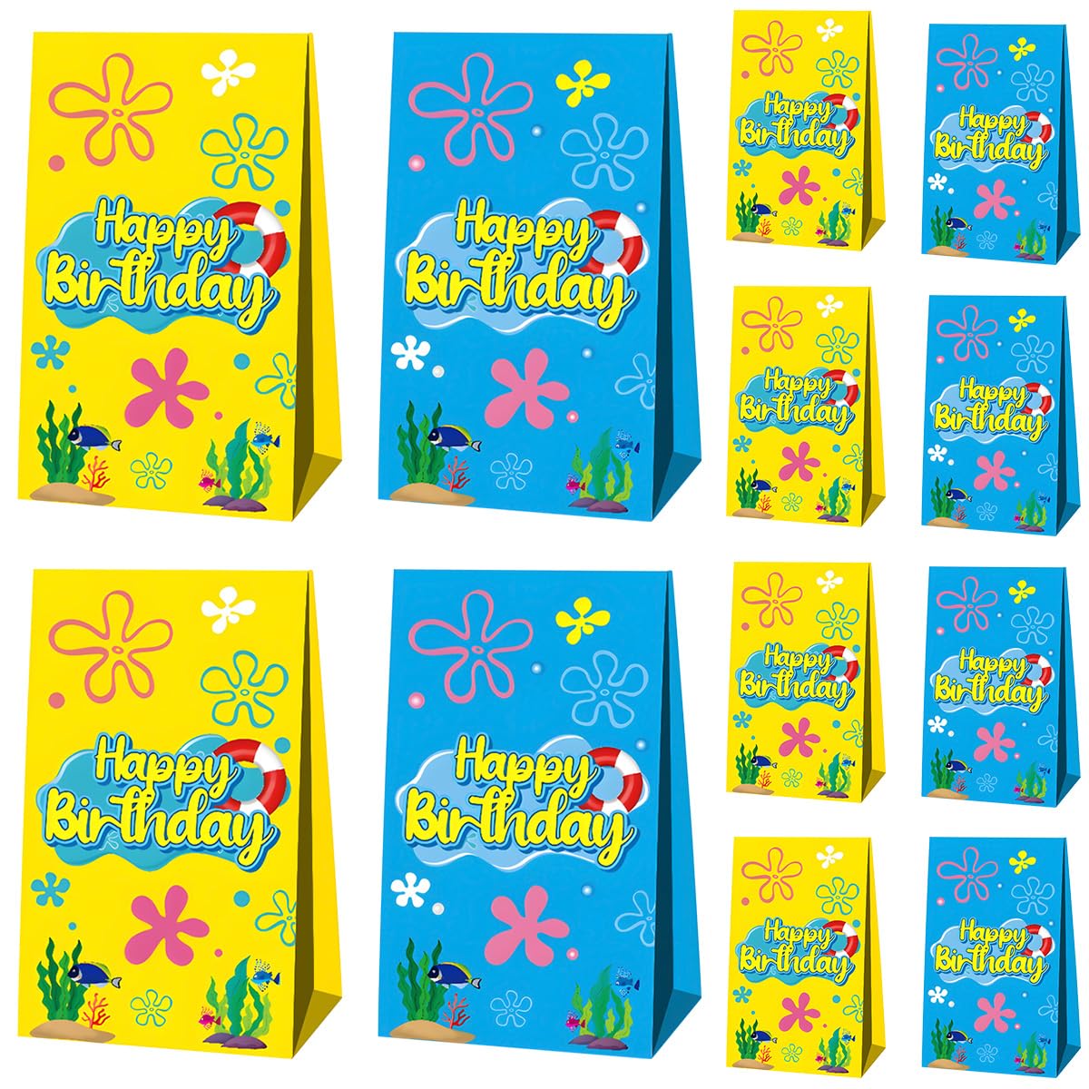 OUSHISS 12-pack yellow party favor bags with ocean themed design and handles