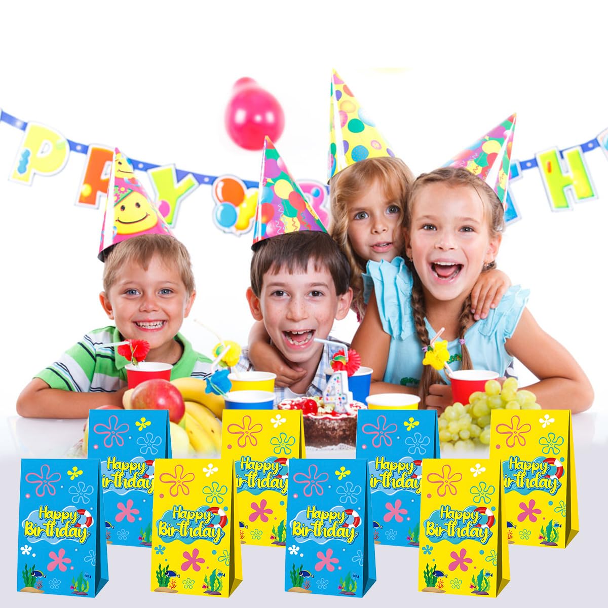 Two styles ocean birthday bags with seaweed pineapples and jellyfish illustrations