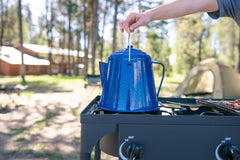 Outdoor blue enamel coffee pot steel edged durability