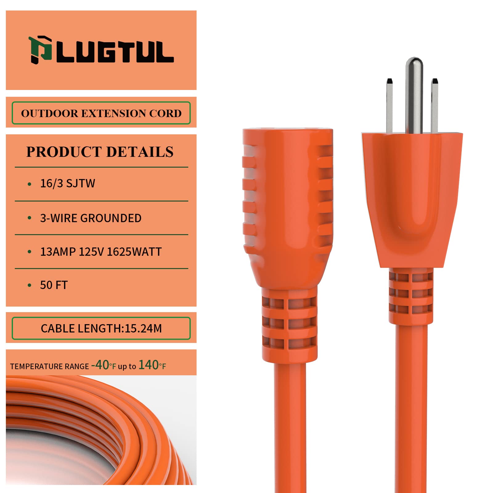 SJTW outdoor extension cord 16/3 gauge 50 ft copper conductors