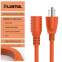 SJTW outdoor extension cord 16/3 gauge 50 ft copper conductors