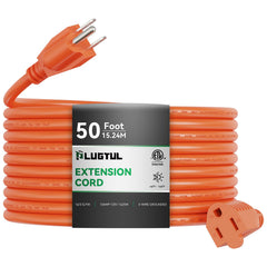 Orange outdoor extension cord 50 ft with 16/3 gauge copper conductors and NEMA5-15P/NEMA5-15R plugs