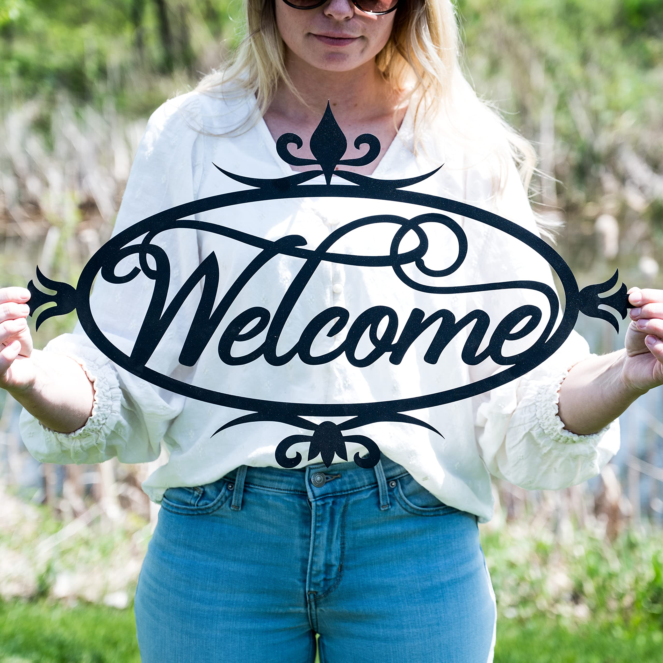 Outdoor front door decor metal plaque example
