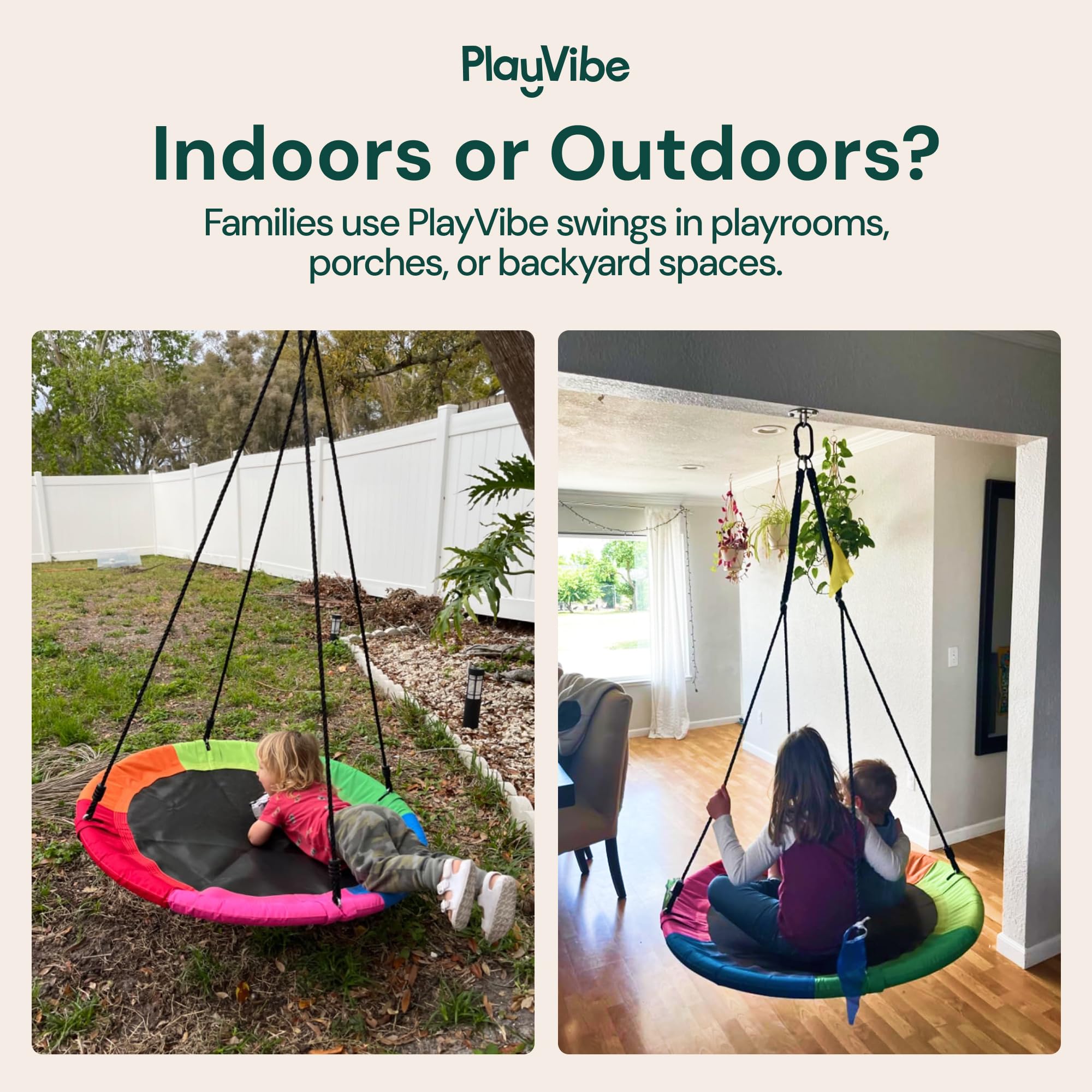 Indoor and outdoor PlayVibe saucer swing for family play