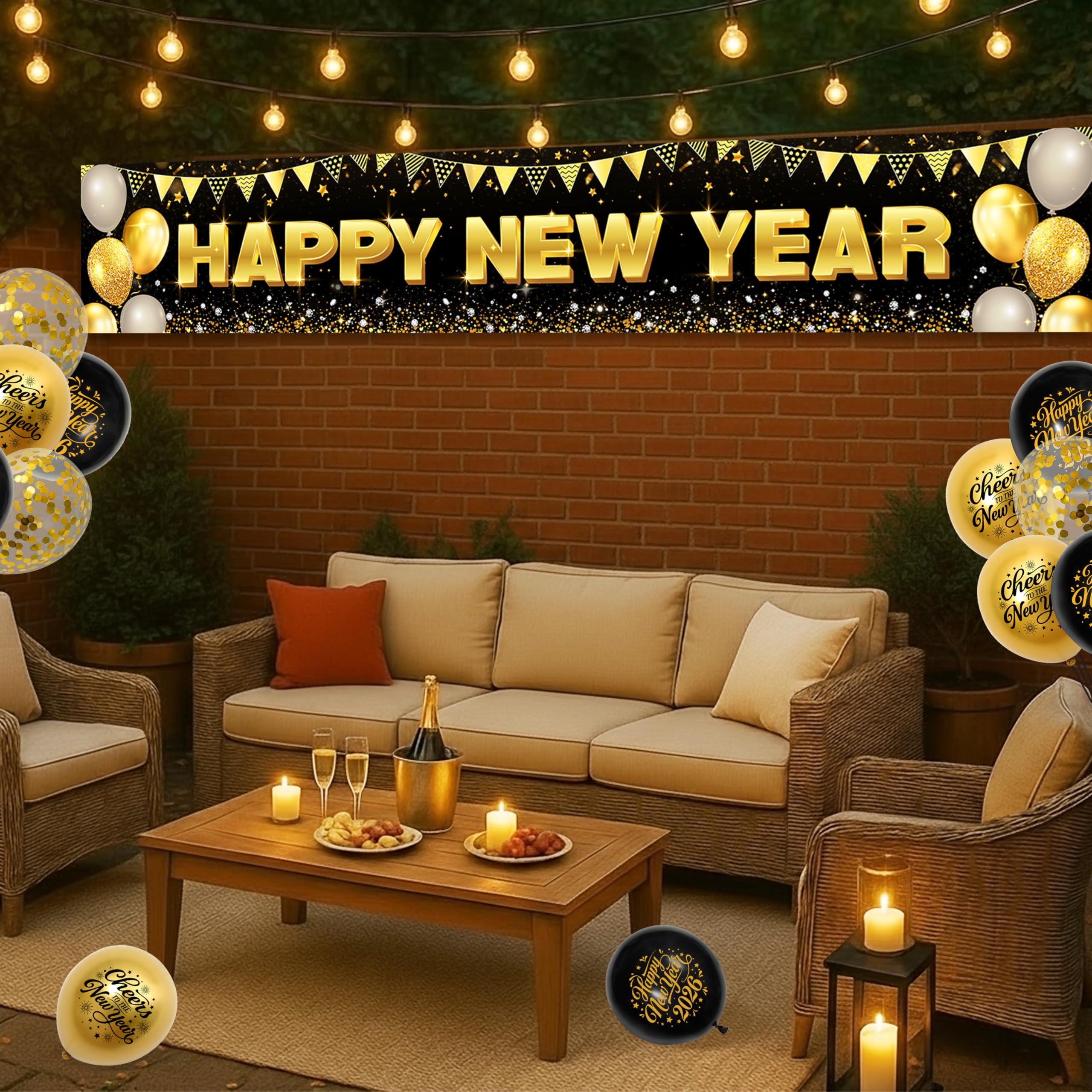 Outdoor New Years Eve party supplies setup with balloons