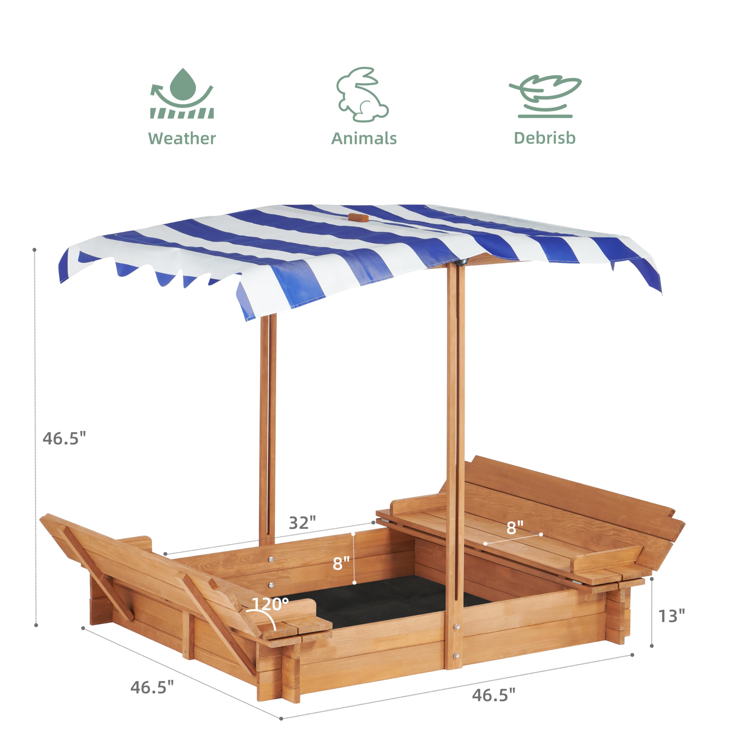 Outdoor sandpit for backyard play with lid and benches