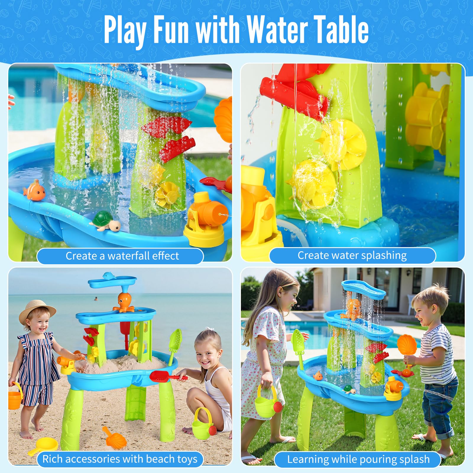 Water table with accessories including watering can and boats