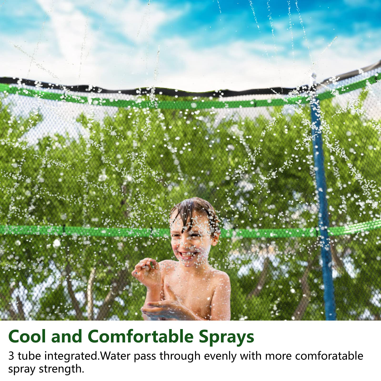 Kids playing with Jasonwell trampoline sprinkler in summer
