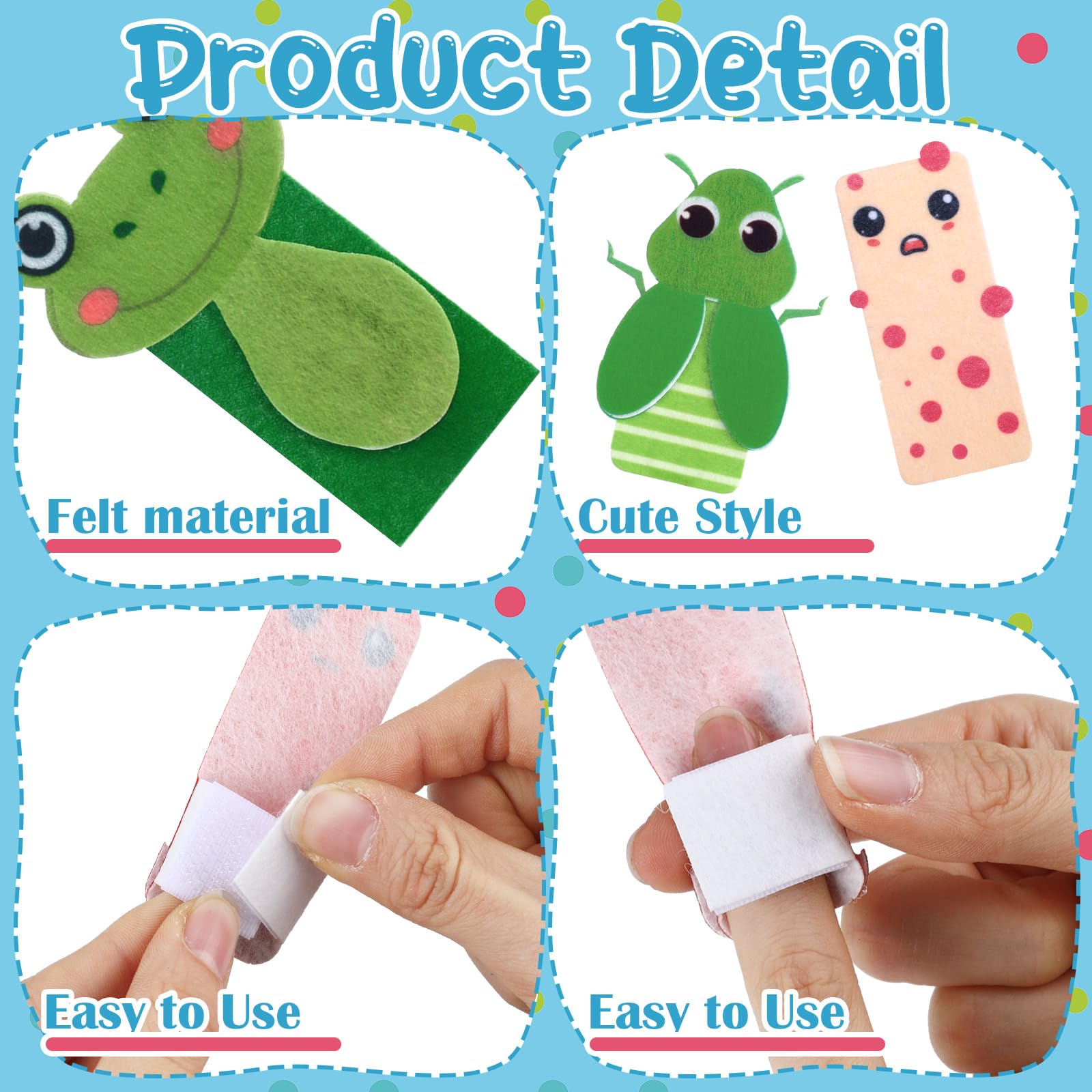 Puppets sized 1.18 x 2.76 inches for adult and child hands