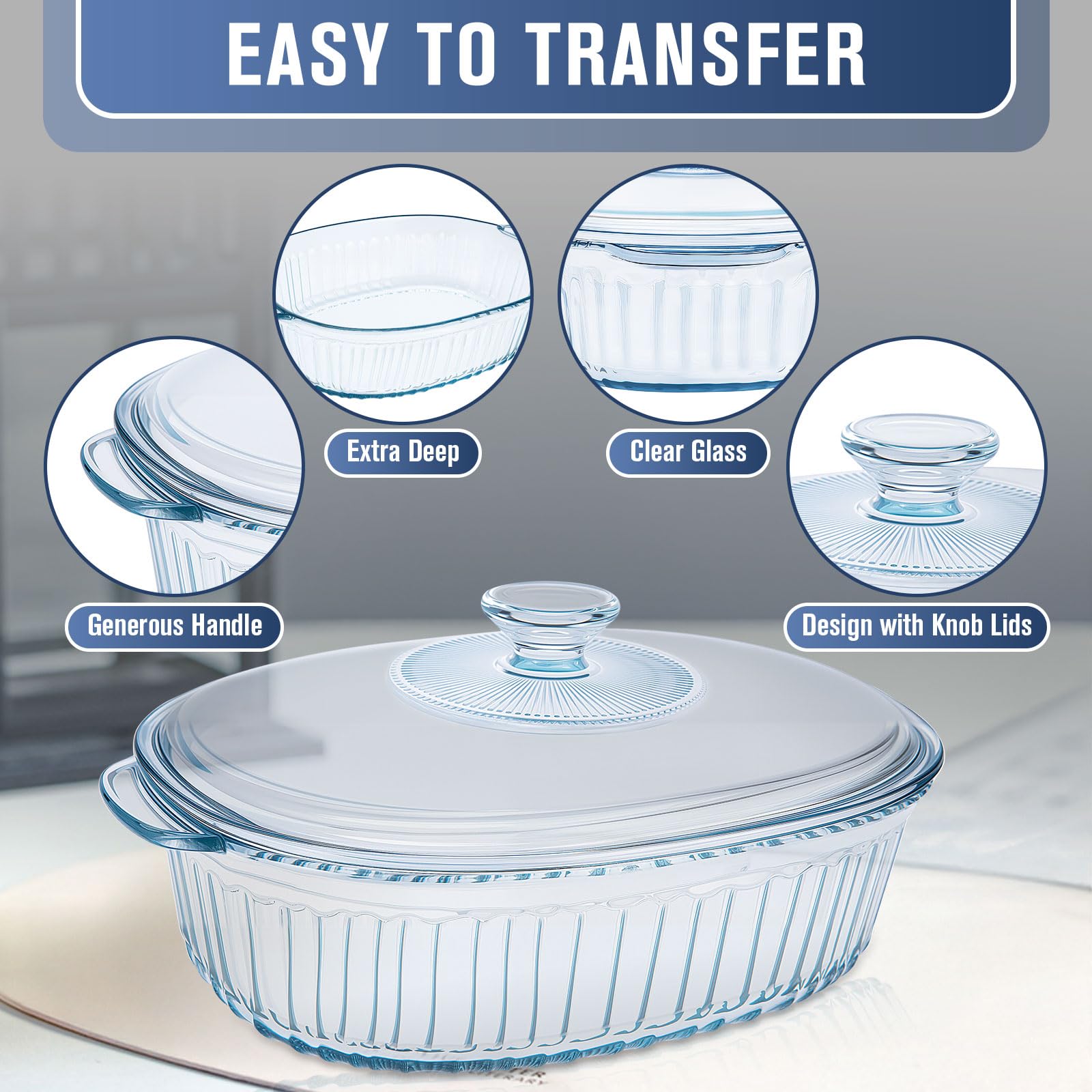 Oval glass casserole dish with lid 3 qt