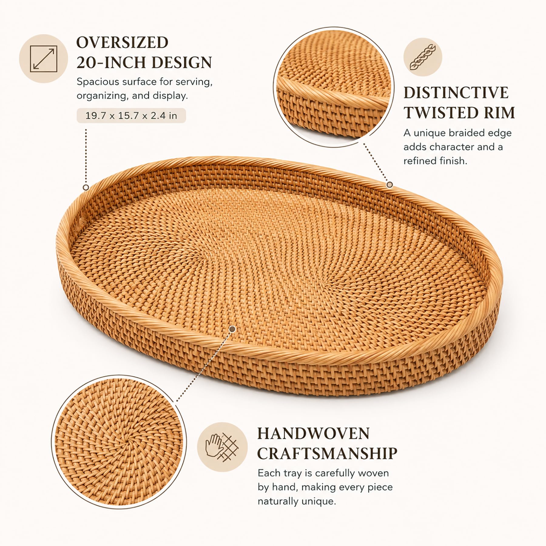 oval rattan serving tray on dining table display