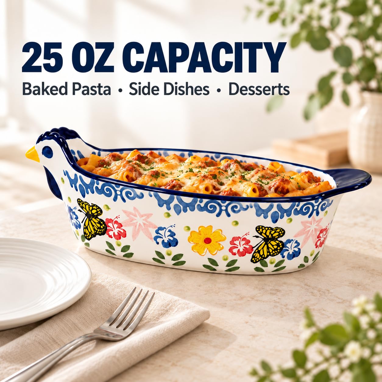 easy hold side design on ceramic casserole dish