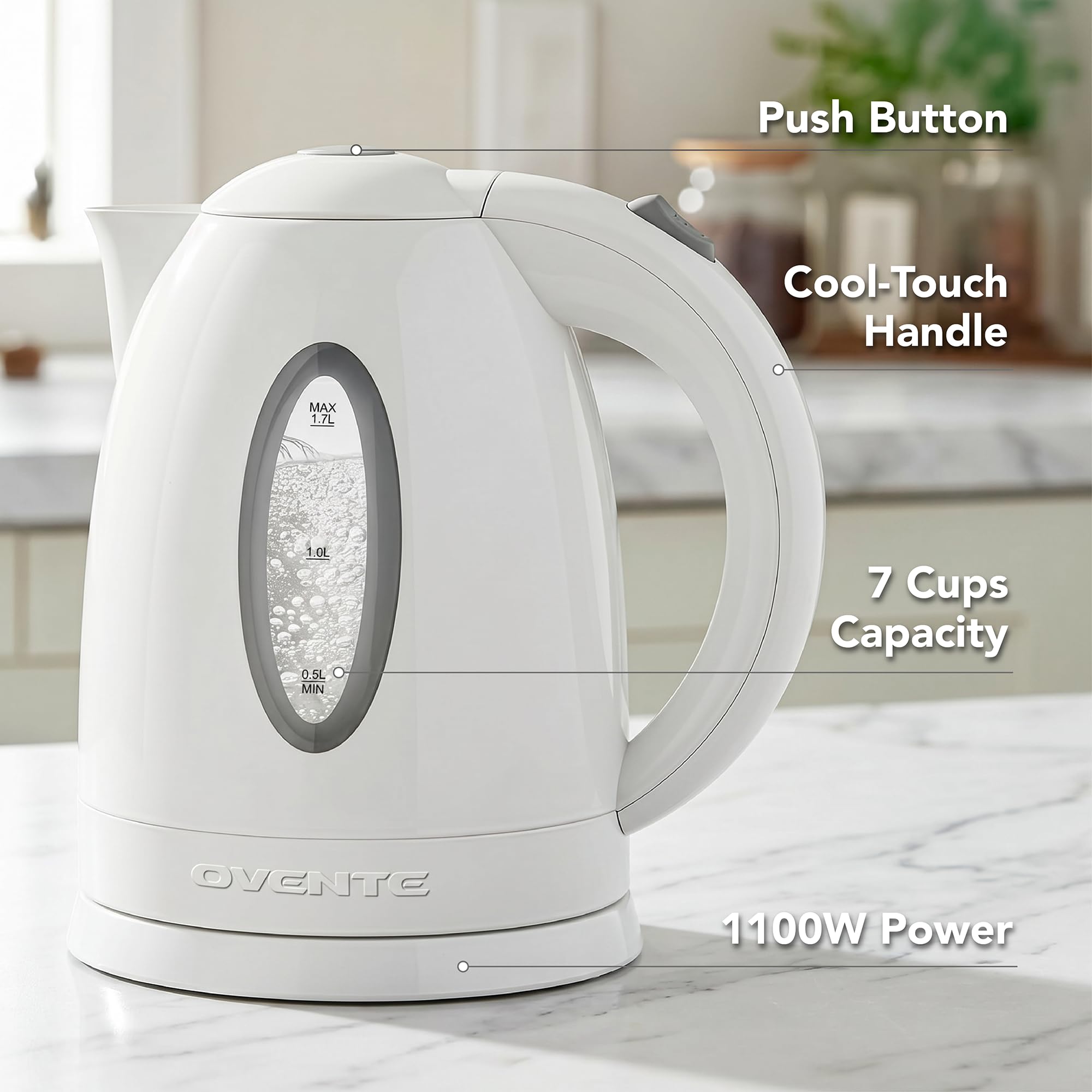 OVENTE KP72W 1.7L white electric kettle side view