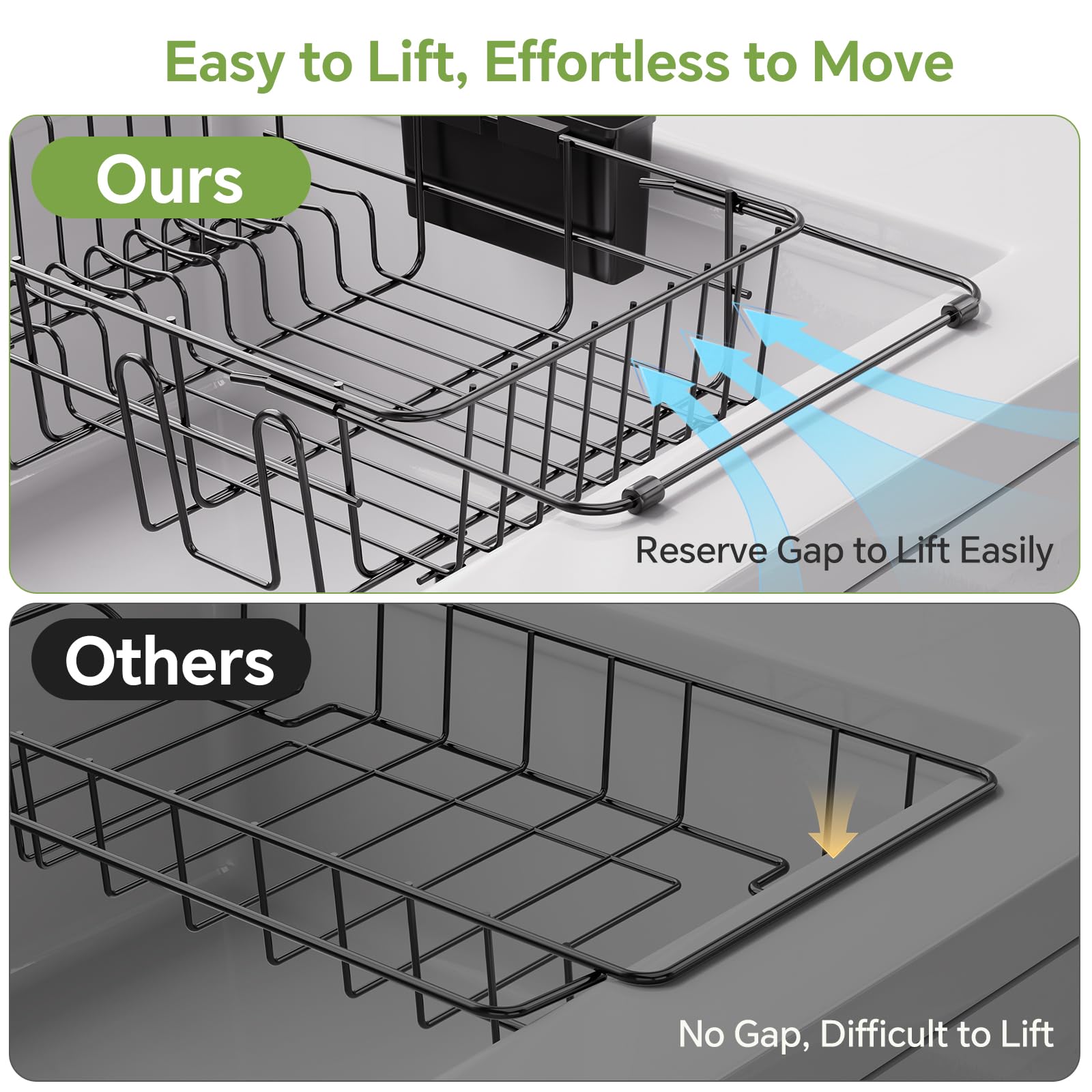 Black finish expandable dish drying rack for in-sink use