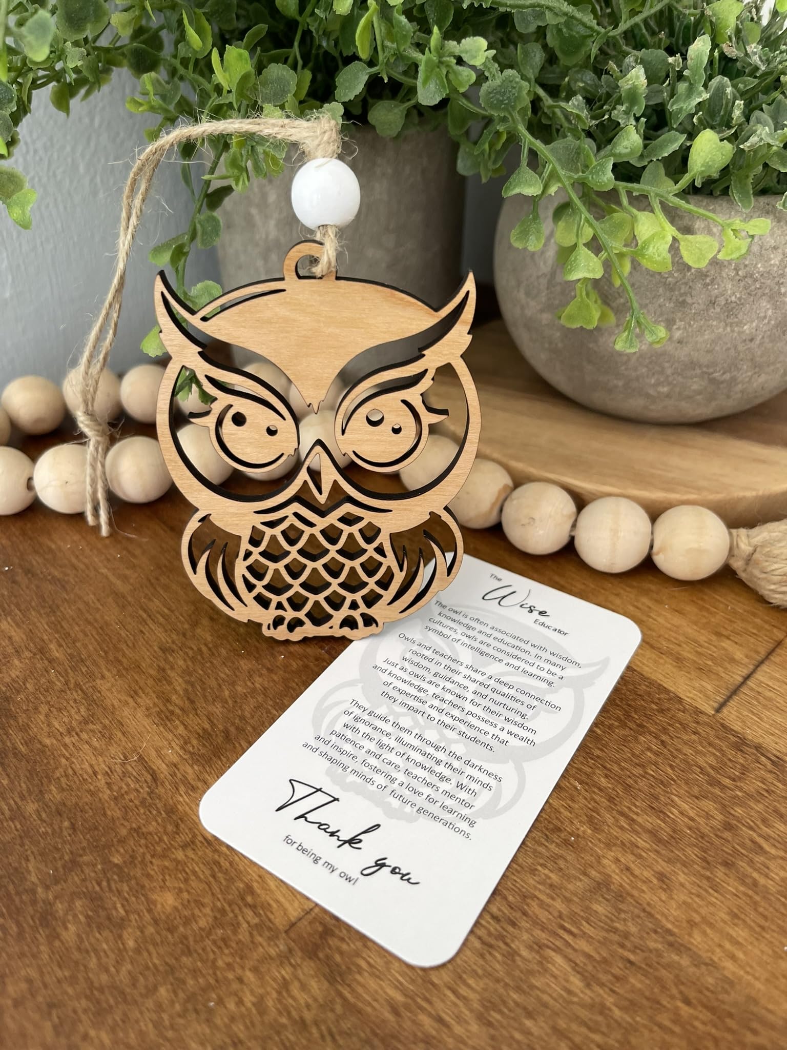 Owl ornament cherry wood with white bead