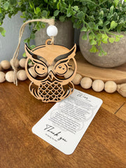 Owl ornament cherry wood with white bead