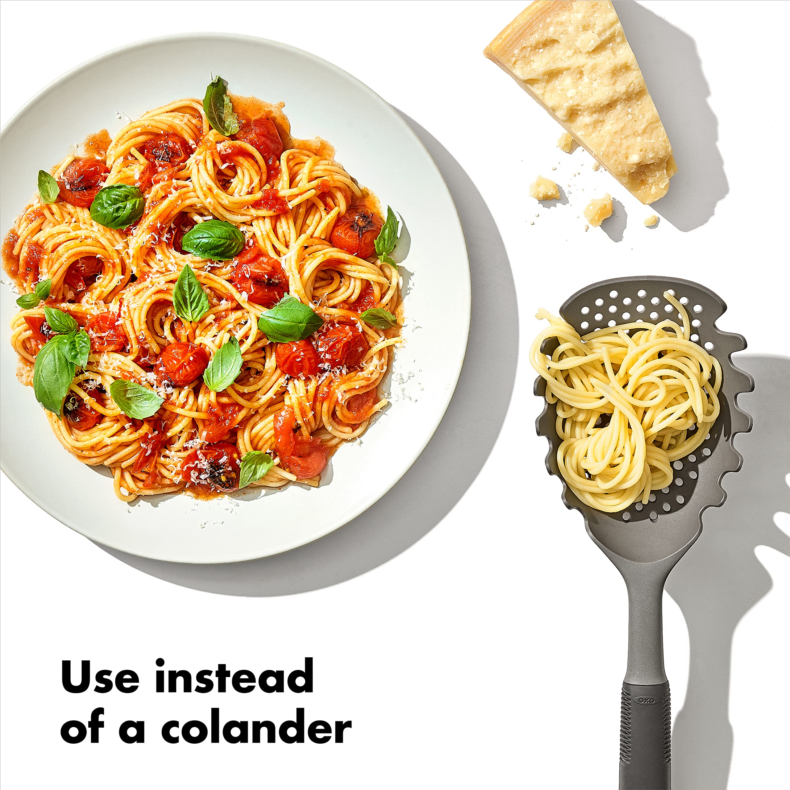 One handed use concept for OXO Good Grips Pasta Scoop Strainer