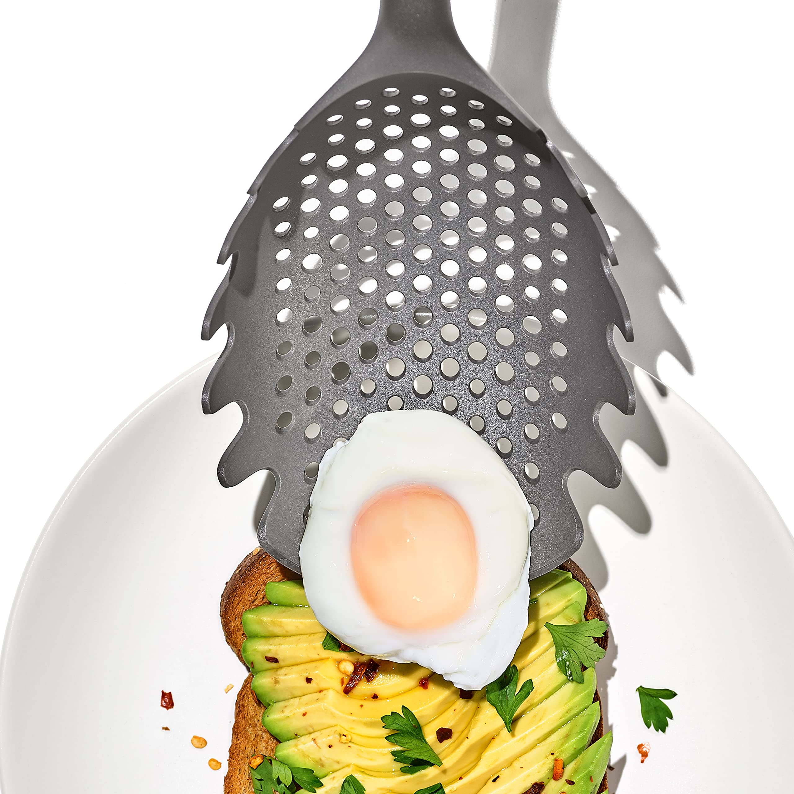 Large capacity scoop handles pasta vegetables and poached eggs in OXO Good Grips