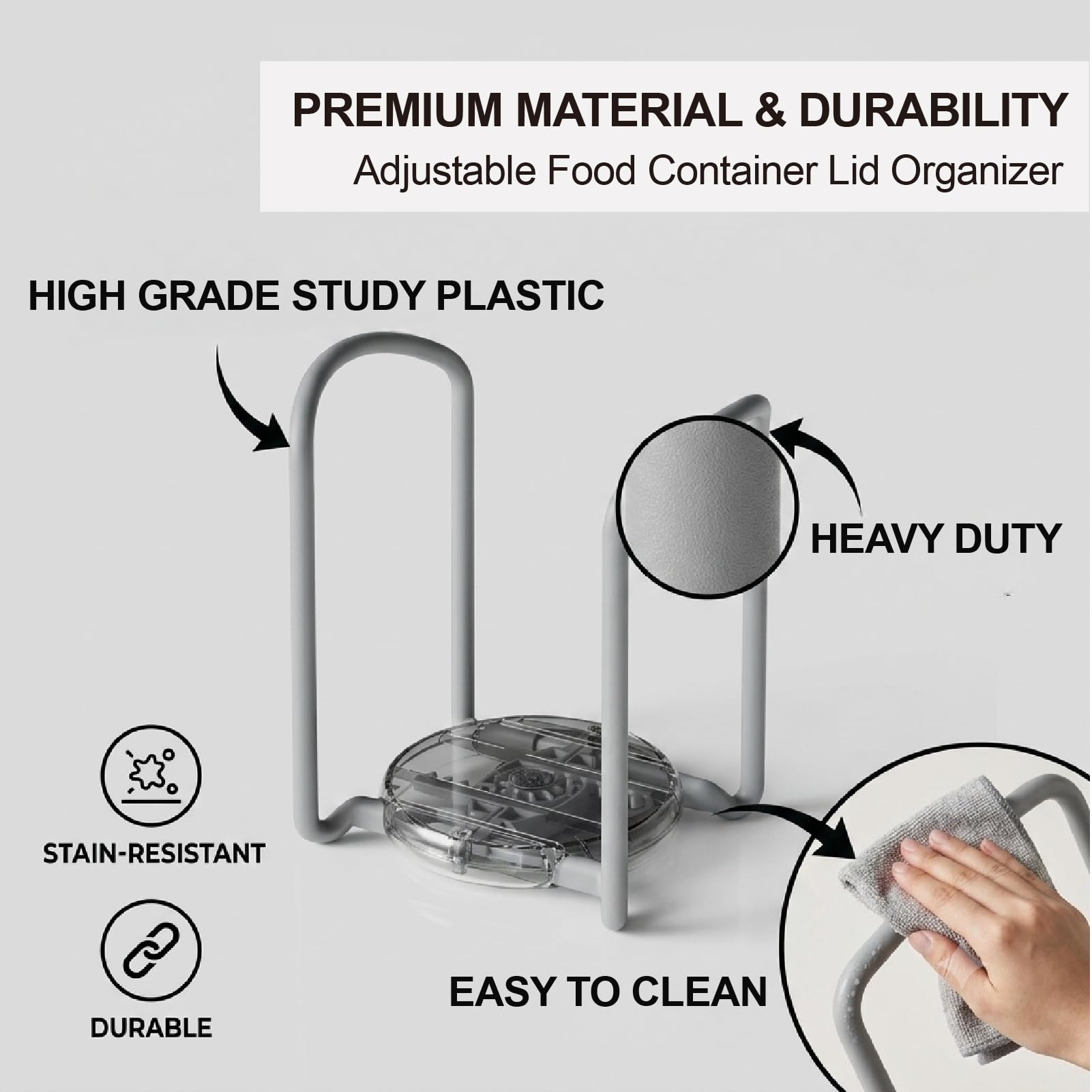 Adjustable lid organizer expands from 3.5 to 7.5 inches