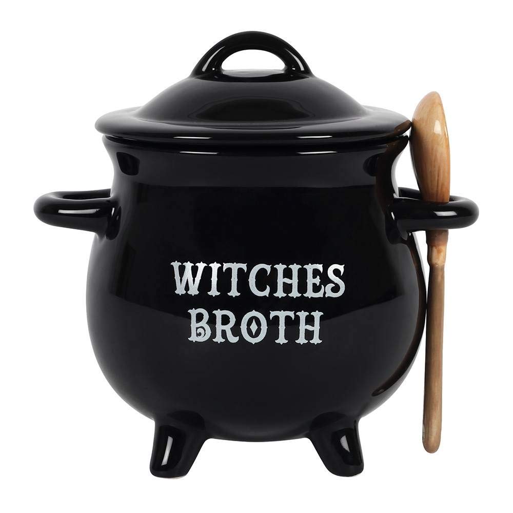 Pacific Giftware Witches Broth Cauldron Ceramic Bowl with Broom Spoon front view
