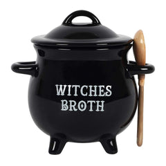Pacific Giftware Witches Broth Cauldron Ceramic Bowl with Broom Spoon front view
