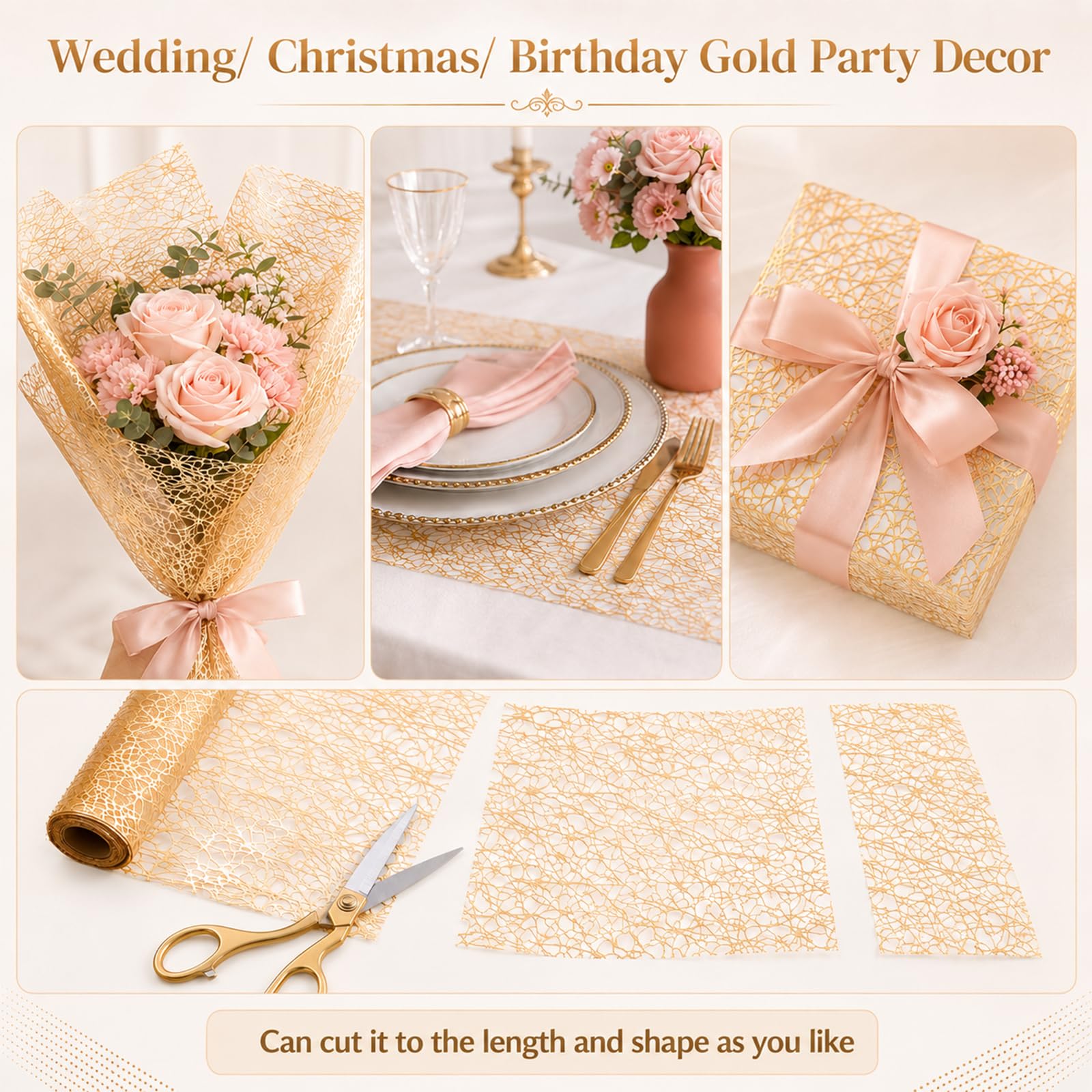 Packaging image showing 12 pieces Gold Metallic Mesh Table Runner Roll