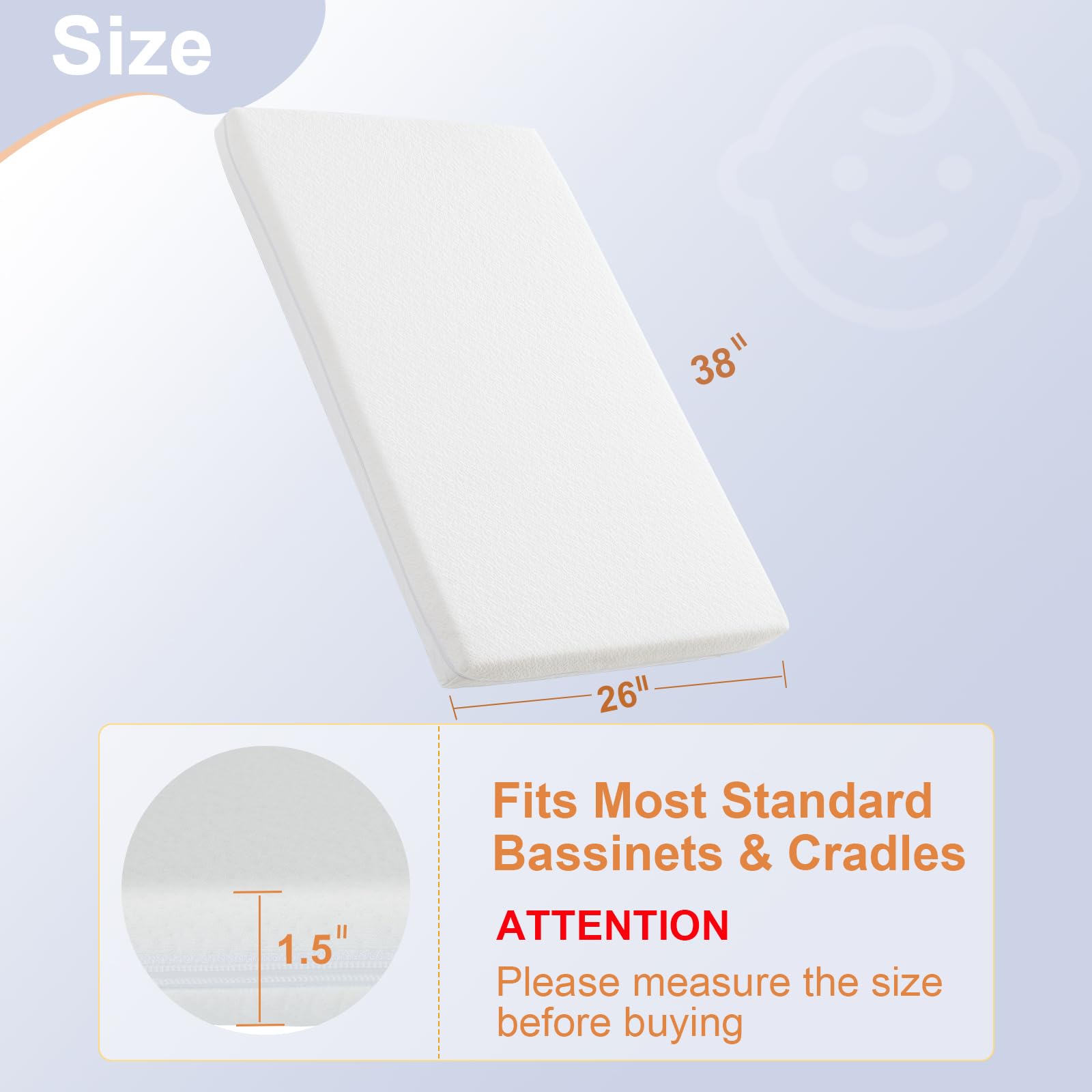 38 x 26 inch NeoBorn bassinet pad with 1.5 inch thickness