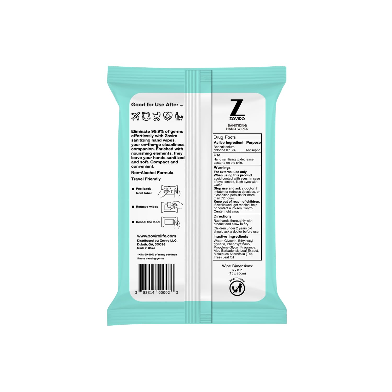 20 travel wipes per pack of 10 from Zoviro