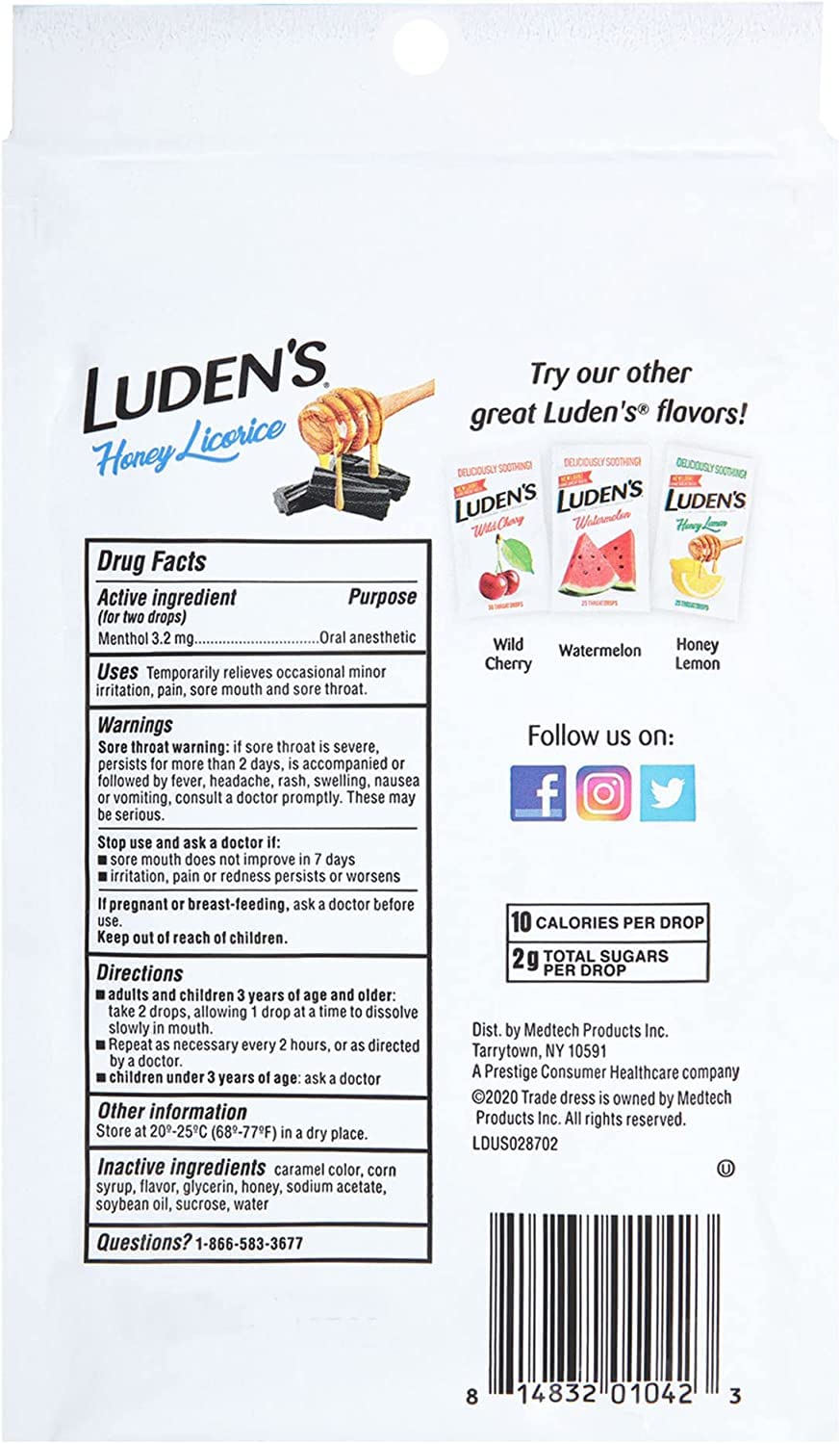 Throat drops Luden's honey licorice 30 count per pack