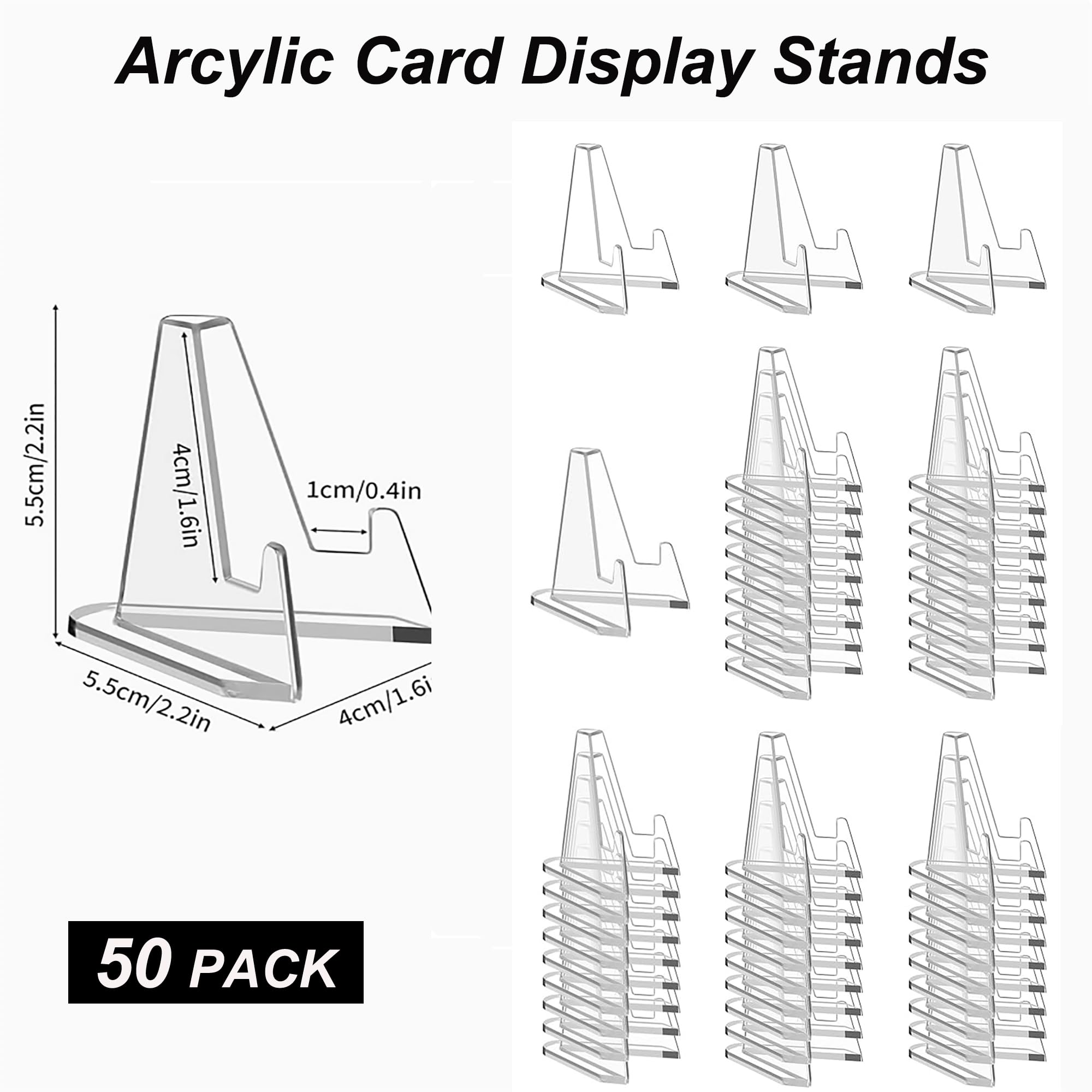 Pairswind 50-packs card display stand close up with dimensions 2.13x2.13x1.65 inch