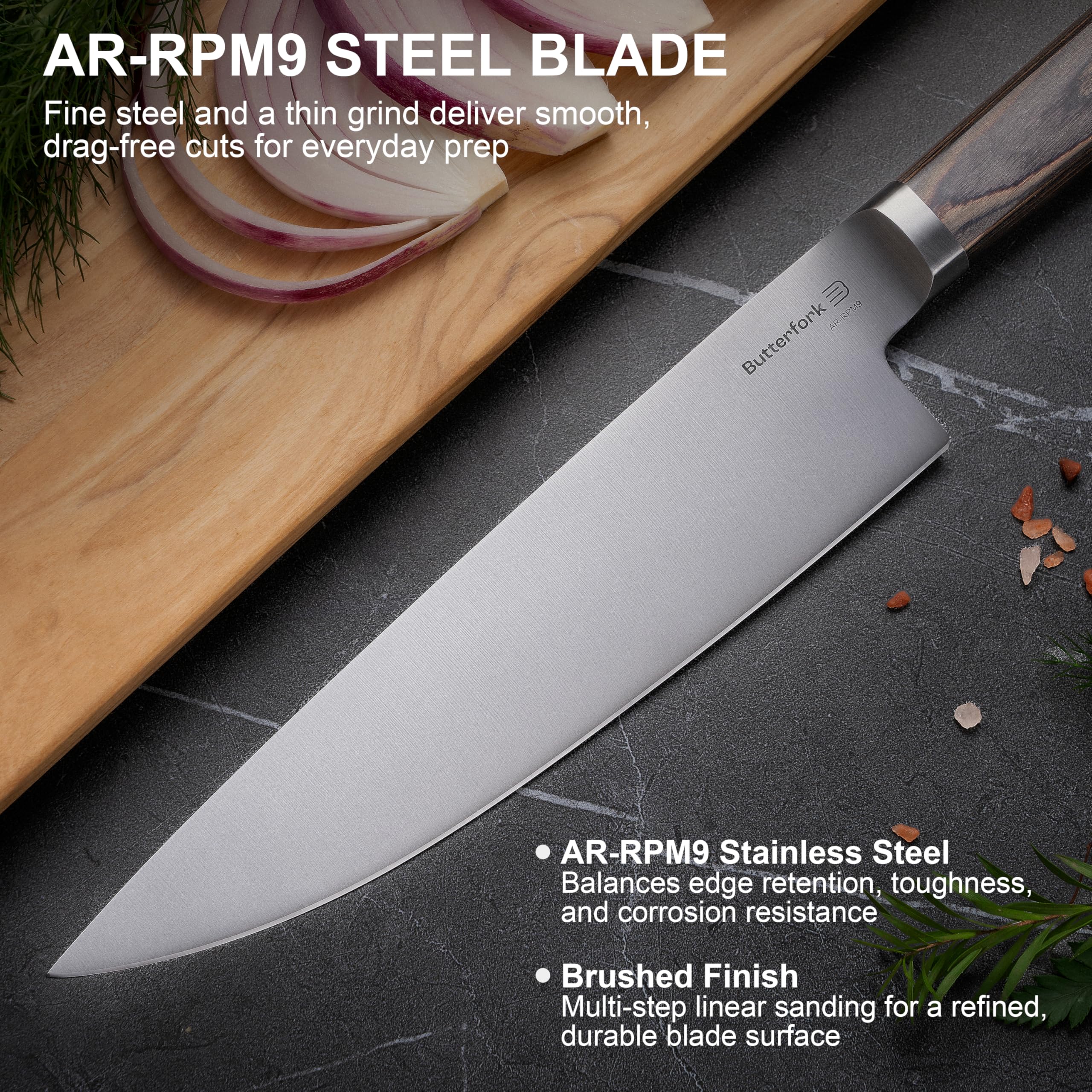 Pakkawood handle on 8 inch Butterfork chef knife