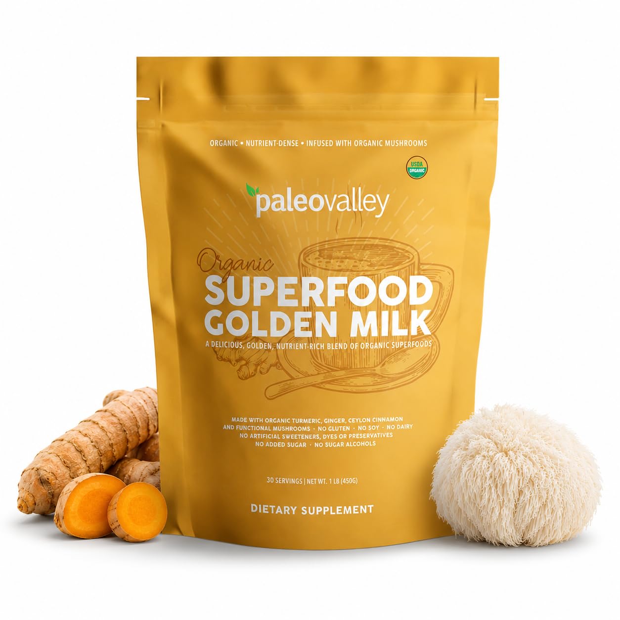Paleovalley Superfood Golden Milk with Turmeric and Organic Mushrooms label