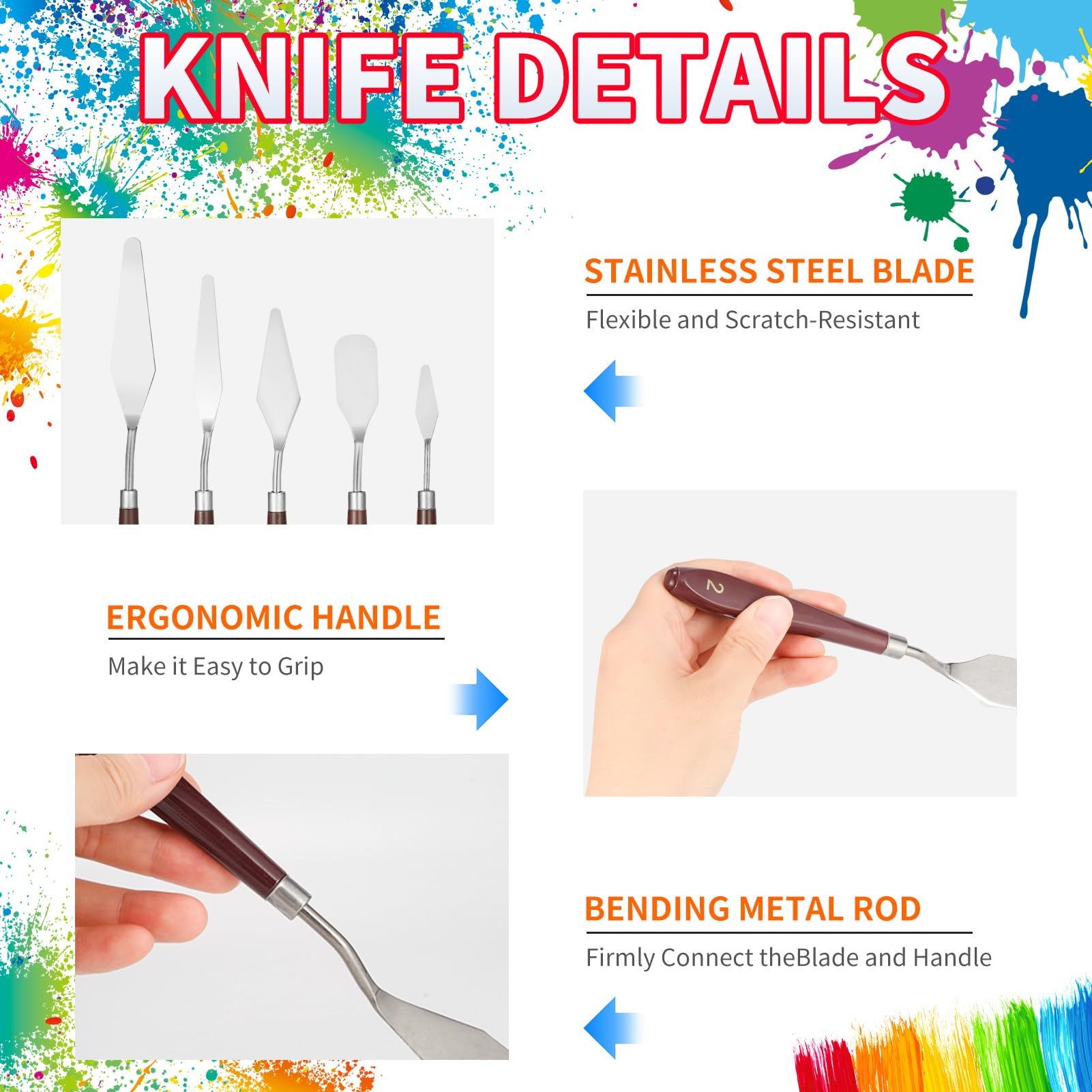 Five piece palette knife set stainless steel blades for painting
