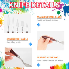 Five piece palette knife set stainless steel blades for painting