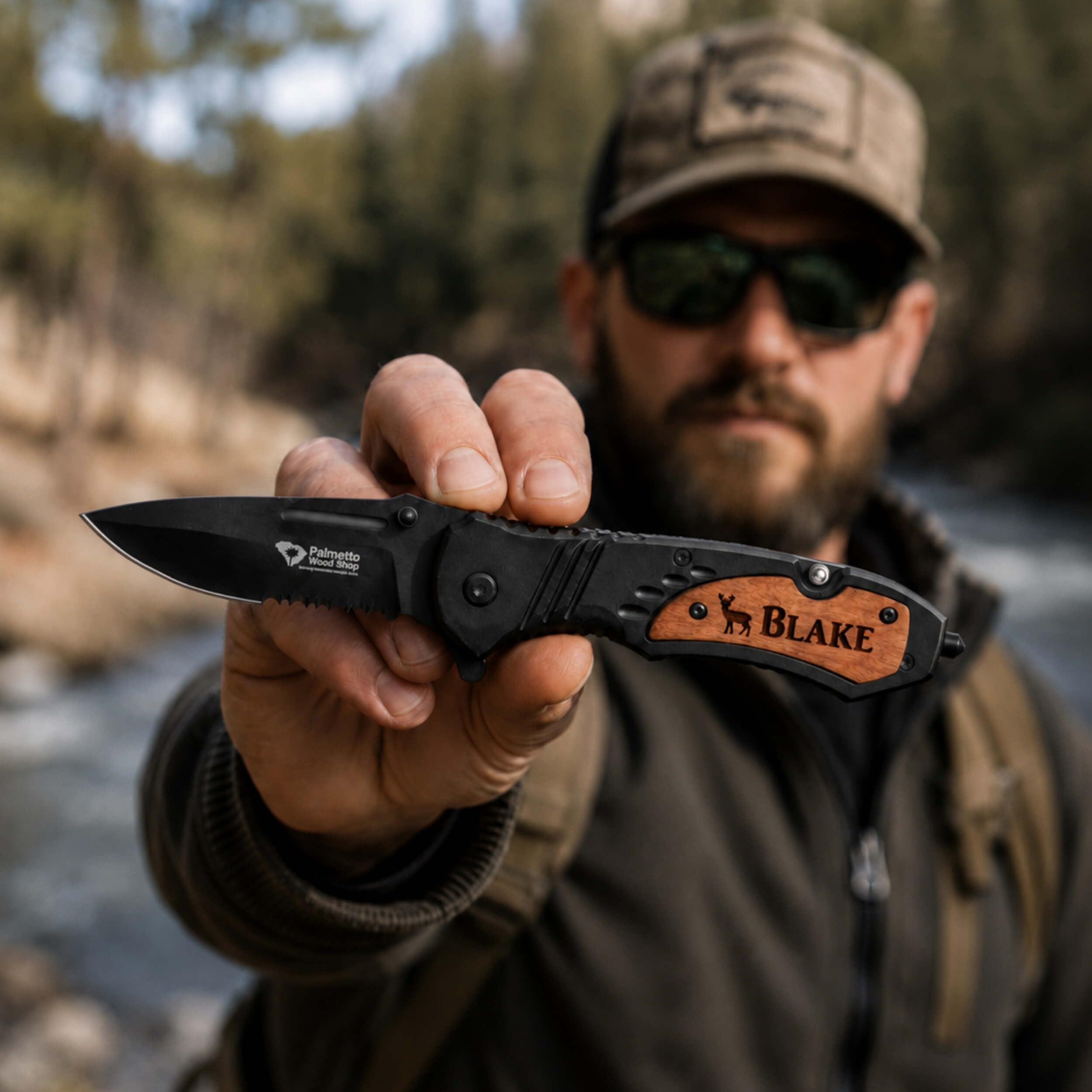 Custom Engraved Pocket Knife wood accent design
